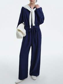 Aalyst Women's Linen-Like Casual Minimalist Vintage Coin Pattern Elastic Waist Long Sleeve Jumpsuit With Pockets, Early Autumn Fall Cloth For Women - Navy Blue - View 3