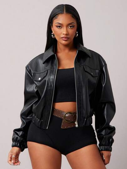 Radiana Women's Motorcycle PU Leather Jacket, Loose Fit High-End Black Retro Coat, Unique Style Casual Top For Spring & Autumn,Business, Retro, Outing, Old Money,Siren Coquettish,  Cruise Attire, Commuting,  Richly Layered, Date Night, Gathering, Minimalism, Birthday, Formal Event, Break, Modest, Chic, Casual, Shopping, Street Wear, Going Out,ملابس شتوية للنساء