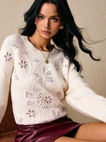 Poéselle 女士秋冬花卉刺绣圆领落肩长袖时尚毛衣 - 米色 - 查看 2