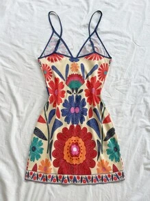 Soleia Váy ngắn hai dây in họa tiết nơ trang trí hoa cho nữ, đi nghỉ - Nhiều màu - Xem 2