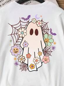 女士休闲时尚创意卡通蜘蛛网彩色花卉幽灵图案印花 T 恤，节日主题基本款短袖 T 恤 - 白色 - 查看 5