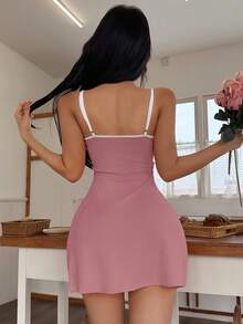 SHEIN 女士撞色蕾丝拼接性感吊带睡衣 - 藕粉色 - 查看 2