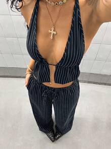 StreetHx 2件套女士休闲纯色上衣和裤子套装 - 藏蓝色 - 查看 7