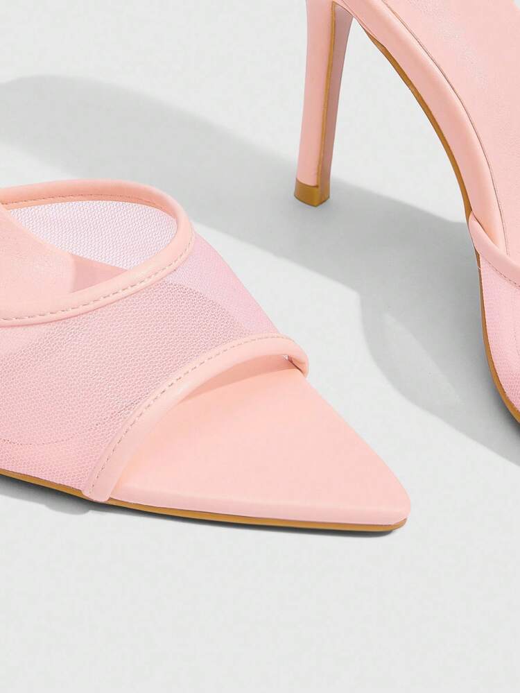 CUCCOO SZL Women's Pink PU Mesh Patchwork Sexy Pointed Toe Stiletto High Heel Mules