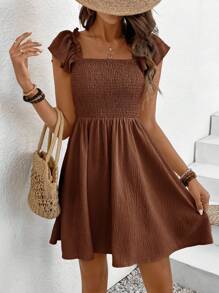 SHEIN Frenchy Vestido casual de mujer de unicolor, con cuello cuadrado, mangas cortas y corte evasé, ideal para vacaciones