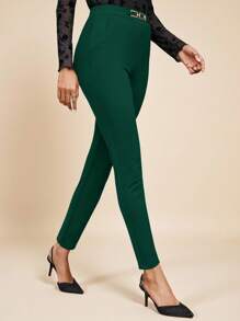 Amorya 裝飾有金屬鏈扣口袋的女士褲子 - 墨綠色 - 查看 5