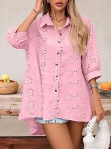 SHEIN VCAY Women's Laser-Cut Embroidered Lantern Sleeve Single-Breasted Casual Blouse - Pink - View 3