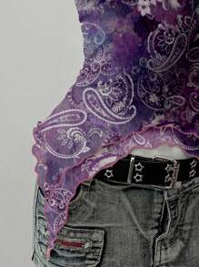 SHEIN EZwear 紫色花卉印花网眼吊带背心，Y2K 风格，适合俱乐部穿着 - 彩色 - 查看 4