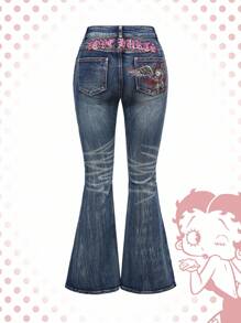 Betty Boop | ROMWE Quần jeans ống loe thêu cánh đính đá cỡ lớn - Màu xanh hải quân - Xem 1