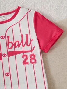 Conjunto de top de manga corta con rayas y shorts para niña, ropa de dormir casual adecuada para uso al aire libre - Rosa Fucsia - Ver 4