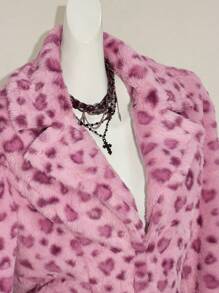 SHEIN ICON 女士新款秋冬豹纹翻领开衫兔毛外套，复古风 - 粉色 - 查看 9