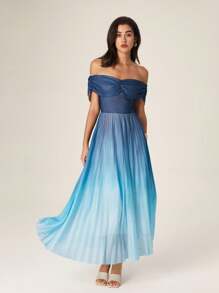 Modelyn French Style Off Shoulder Ruched Waist Slim Fit Pleated Dress For Women - Blue - View 3