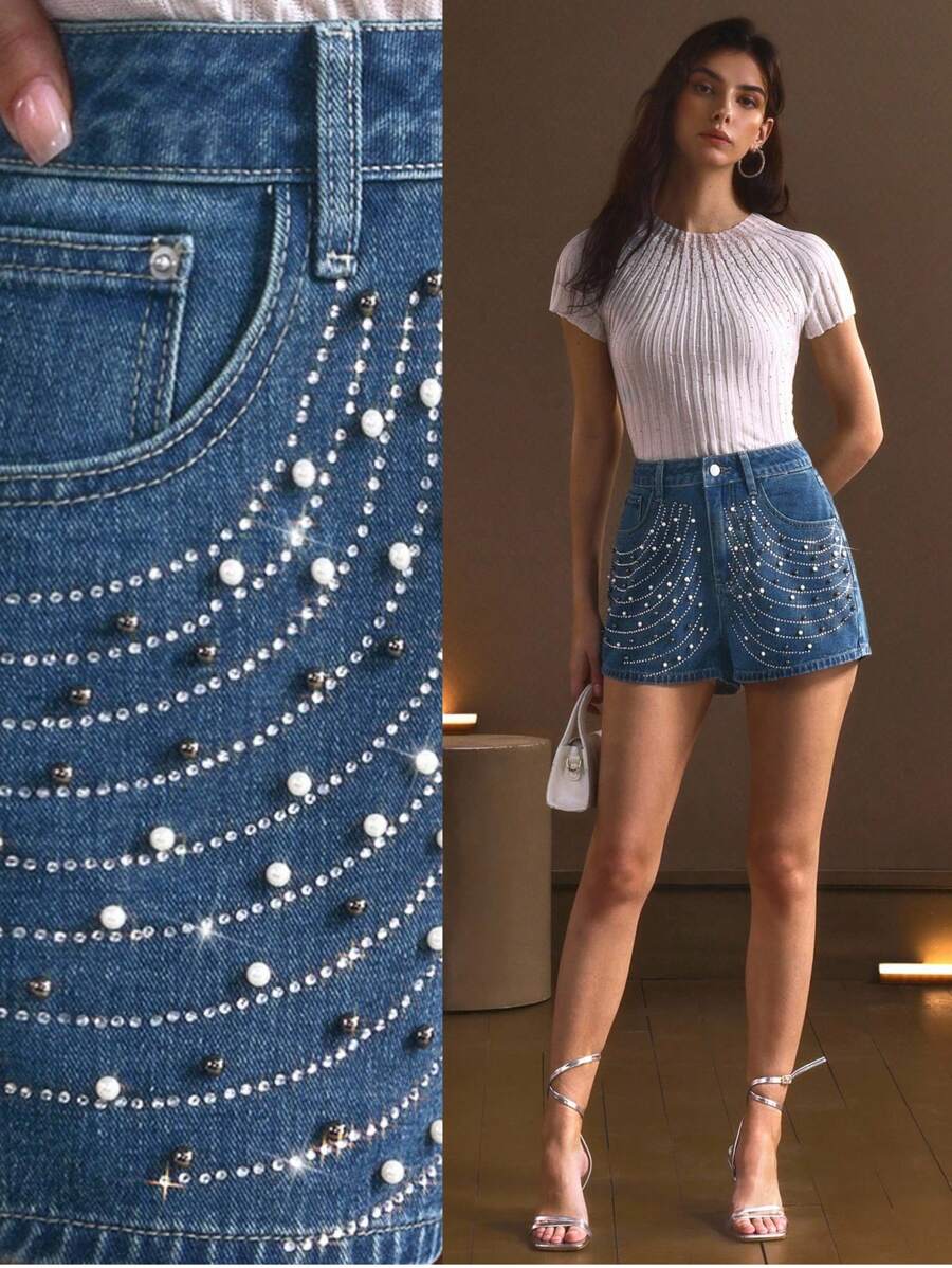 SHEIN Frenchy Women's Fashion Rhinestone & Rivet Decorated Denim Shorts, Summer - Blue - View 1