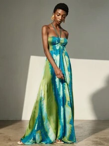 Aveloria Modichic 雪纺扎染印花挂脖系带无袖度假连衣裙