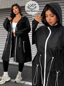 SHEIN EZwear Plus Size Casual Drawstring Waist Hooded Jacket, Spring/Autumn,Winter Black And White Anti Splash Water Medium Long Thin Jacket Fall - Black - View 1