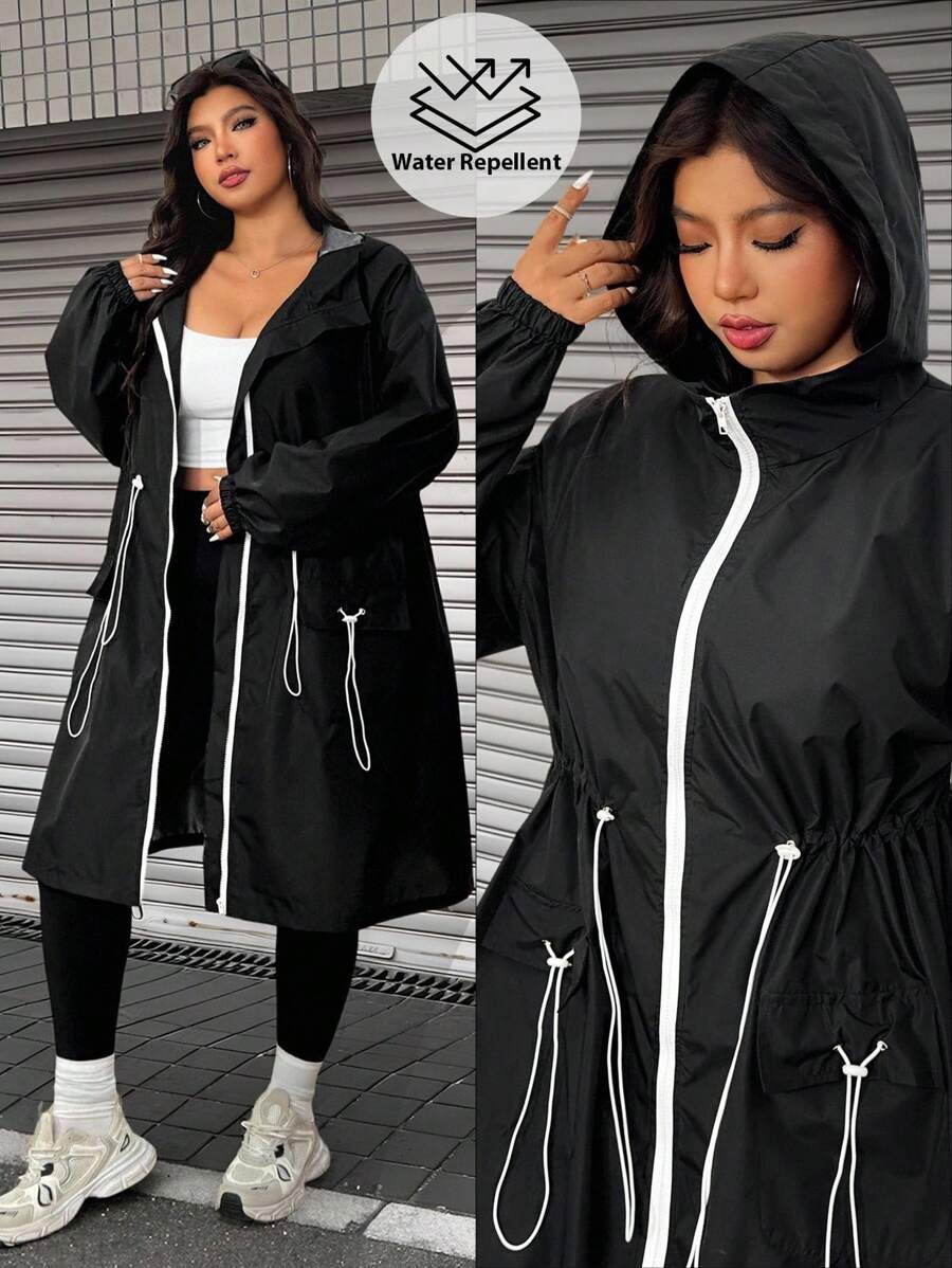 SHEIN EZwear Plus Size Casual Drawstring Waist Hooded Jacket, Spring/Autumn,Winter Black And White Anti Splash Water Medium Long Thin Jacket Fall - Black - View 1