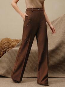 Anewsta High Waist Flare Leg Pants With Star Rhinestone Decor, Fashionable Urban Style - Brown - View 5