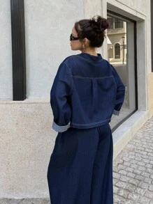 Dripcurv 大码女式四季长袖工装口袋上衣和裤子休闲牛仔两件套，新年装扮，复古风格。 - 藍色 - 查看 2