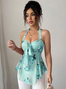 Elenzga Áo hai dây rút eo họa tiết hoa mùa hè cho nữ, phong cách kỳ nghỉ thường ngày, lưới co giãn, gợi cảm, hở vai - màu xanh lá - Xem 3