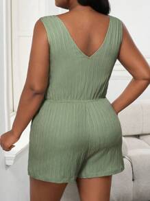 SHEIN PETITE CURVE 大码女式纯色纽扣设计休闲连体衣 - 軍綠色 - 查看 2