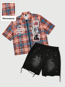ROMWE MEN Street Life Summer Men's Plaid Rhinestone Embellished Shirt Paired With Black Washed Distressed Rhinestone Embellished Shorts Set