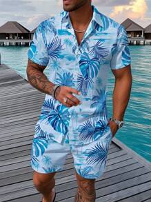 Manfinity RSRT Bộ áo sơ mi ngắn tay và quần short họa tiết lá chuối thường ngày dành cho nam, trang phục thoải mái khi đi nghỉ - Màu xanh lam - Xem 1