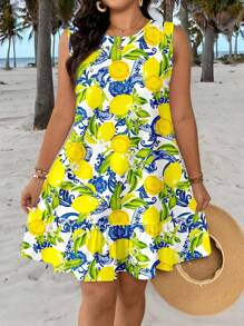 Veykashi 大码女装节日复古假日风格法式夏季清新可爱柠檬图案印花系带无袖休闲连衣裙 - 黃色 - 查看 2
