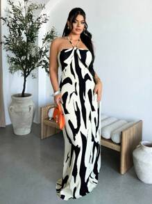 SHEIN SXY Vestido largo con escote en V y sin espalda con pliegues de estampado completo, estilo sexy para vacaciones, verano