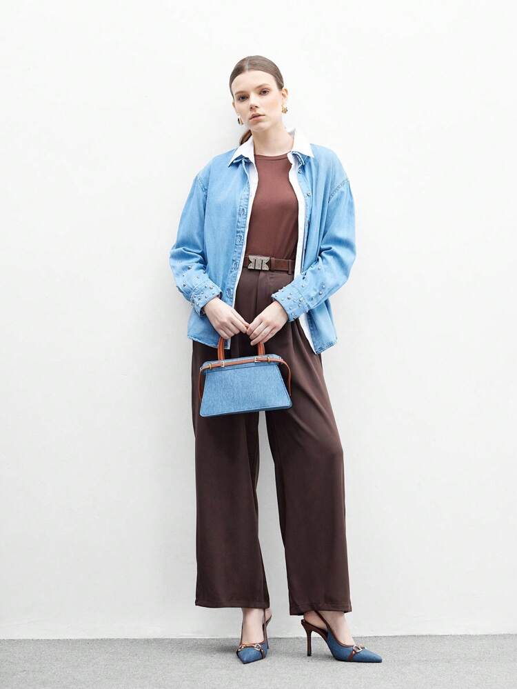 CUCCOO BIZCHIC Blue-Brown Mixed Color PU Gold Buckle Stylish Sexy French Charm Backless Pointed Toe Party/Date Heels For Christmas Spring Shoes