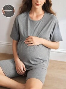 Moonlight&Mama Conjunto de pijama de maternidad de unicolor con manga corta y pantalón corto - Gris Claro - Ver 1