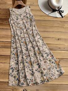 Rusticease Plus Size Women Summer Floral Print Sleeveless Dress, Early Spring,Beach Dress Sundress,Holiday Outfits Boho,Flower/Vacation - Khaki - View 3