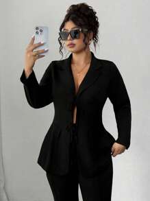 Elenzga Plus Size Women Lapel Collar Ruffle Hem Tie Front Blazer Jacket, Minimalist Plain Color, For Work And Commute Fall Cloth For Women - Black - View 4