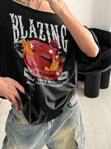 StreetHx Women's Summer Loose Asymmetrical Shoulder T-Shirt, Punk Street Chic Lip Print Black Short Sleeve Oversized Off Shoulder Tee - Black - View 3