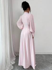 Elenzga Váy midi cổ cao tối giản thanh lịch dành cho nữ, phù hợp mặc đi làm, đi nghỉ, đi biển, trà chiều, tiệc tùng, cổ điển, giáo viên, màu trơn, màu tương phản, trang trí ngọc trai, thắt eo bên hông, tay áo loe hình lồng đèn, dáng chữ A, xuân/thu/đông - Hồng - Xem 2