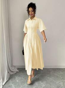 Elenzga Single-Breasted Design Striped Dress With Flared Hem - Yellow - View 4