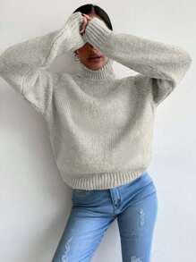 EURMUSE Áo cao cổ Tay Raglan Áo len - Màu be - Xem 5