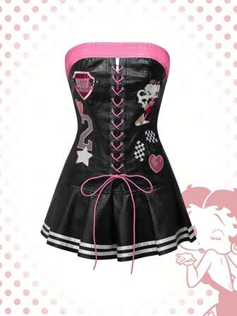 Betty Boop | ROMWE Vestido bandeau con dobladillo plisado y ribete de contraste, estilo futbolístico sexy y chic para motociclistas