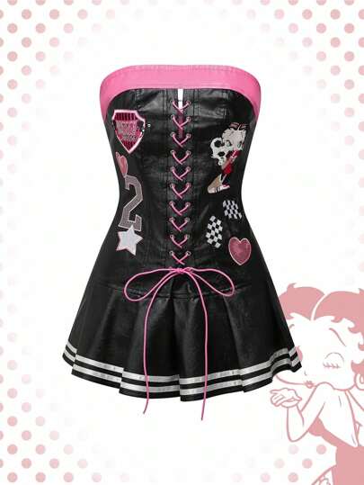 Betty Boop | ROMWE Women Biker Chic Sexy Contrast Trim Football Style Pleated Hem PU Leather Bandeau Dress