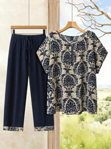 Rusticease Plus Size Holiday Casual Bat Wing Print Shirt And Pants 2pcs Set - Navy Blue - View 1