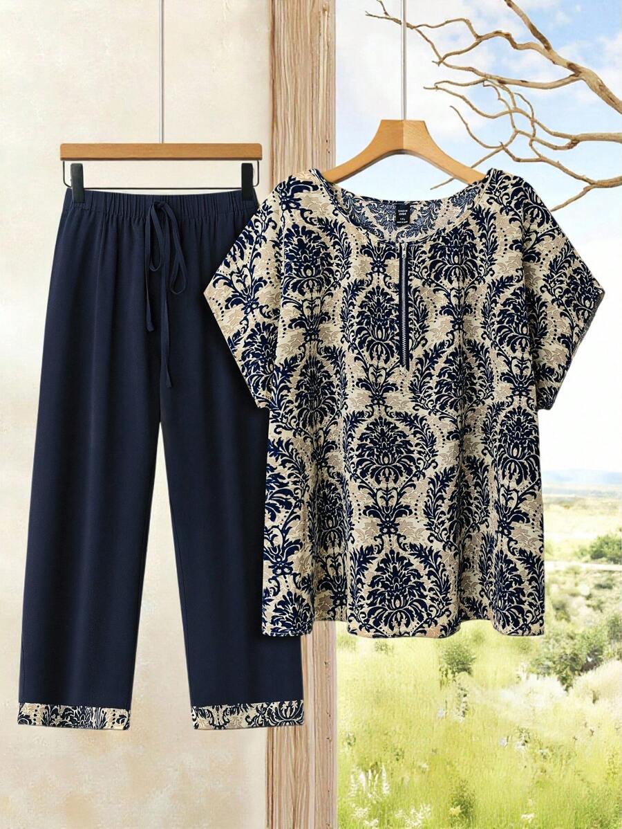 Rusticease Plus Size Holiday Casual Bat Wing Print Shirt And Pants 2pcs Set - Navy Blue - View 1
