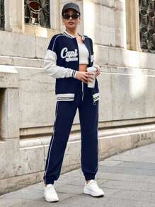 SHEIN Tall 100% Cotton Letter Graphic Drop Shoulder Bomber Jacket & Drawstring Waist Sweatpants - Navy Blue - View 6