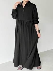 FRIFUL Women's Black Shirt Collar Drop Shoulder Long Sleeve Pleated Loose Casual Versatile Maxi Dress,Autumn Modest Mother Office Business Autumn/Winter - Black - View 2