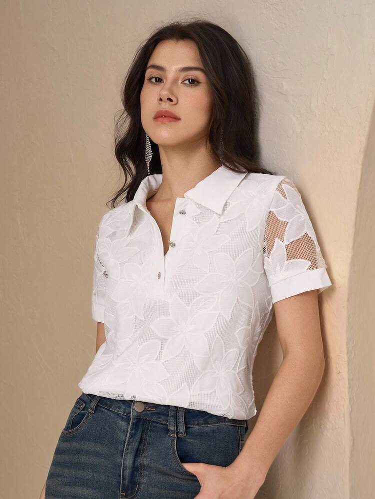 Women's Elegant 3D Floral Collar T-Shirt, Summer