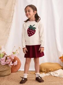 Blossori Young Girls' French Elegant Strawberry Pattern Sweater/Knit Skirt Set Strawberry Kids Outfit Girls Sweater Skirt Set Girls Autumn Clothes Kids Strawberry Sweater Toddler Girl Fall Outfit Winter