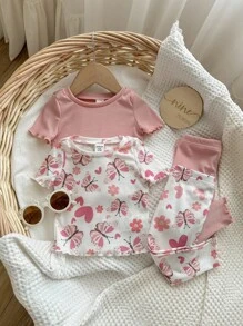 女婴 4 件套蝴蝶图案圆领荷叶边短袖上衣和裤子柔软舒适睡衣套装 - 淺粉色 - 查看 6