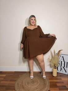 magalhaesca Plus Tie Back Lantern Sleeve Ruched Bust Dress,Corset Dress For Women - Chocolate Brown - View 4