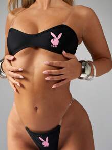 Missguided x Playboy 兔子图案抹胸比基尼套装透明隐形肩带可调节沙滩装夏季度假泳池派对泳衣度假装海滩时尚 - 黑色 - 查看 1
