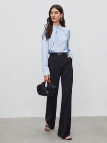 BizChic Top Feminina com Gola Alta Pequena, Design Assimétrico, Decoração Plissada, Ajuste Solto, Top de Manga Longa, Elegante Minimalista Casual para Ir ao Trabalho, Encontro, Uso Diário, Férias, Dia da Independência, Temporada de Formatura, Festival de Música, Emagrecedor, Elegante, Versátil, Premium, Verão, Social, Feriado, Festa, Passeio, Praia, Escritório, Vintage Francês, Fresco - Azul Empoeirado - Visão 10