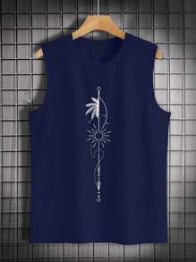 Manfinity EMRG Men's Summer Casual Vacation Tropical Coconut Tree & Sun Print Loose Tank Top - Royal Blue - View 2