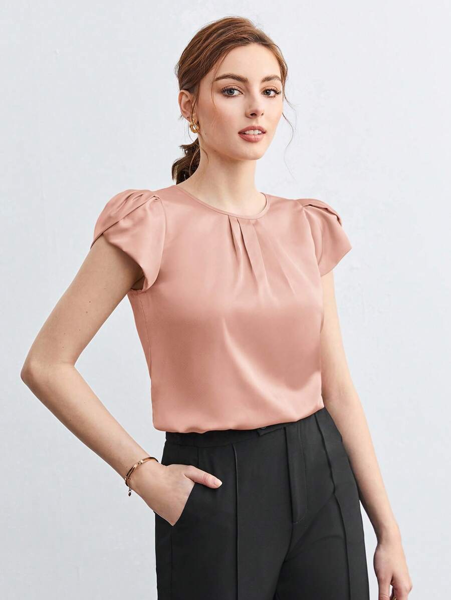 SHEIN BIZwear 女士圓領花瓣袖襯衫 - 藕粉色 - 查看 1